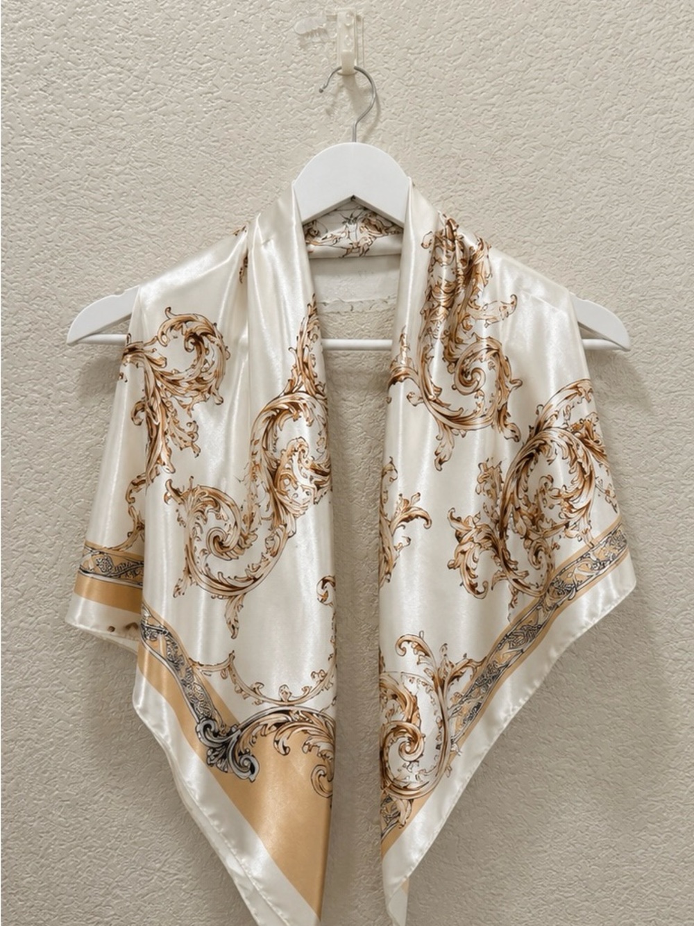 Cream & Gold Baroque Satin-Look Square Head Scarf Bandana 35” x 35” - Picture 3 of 3
